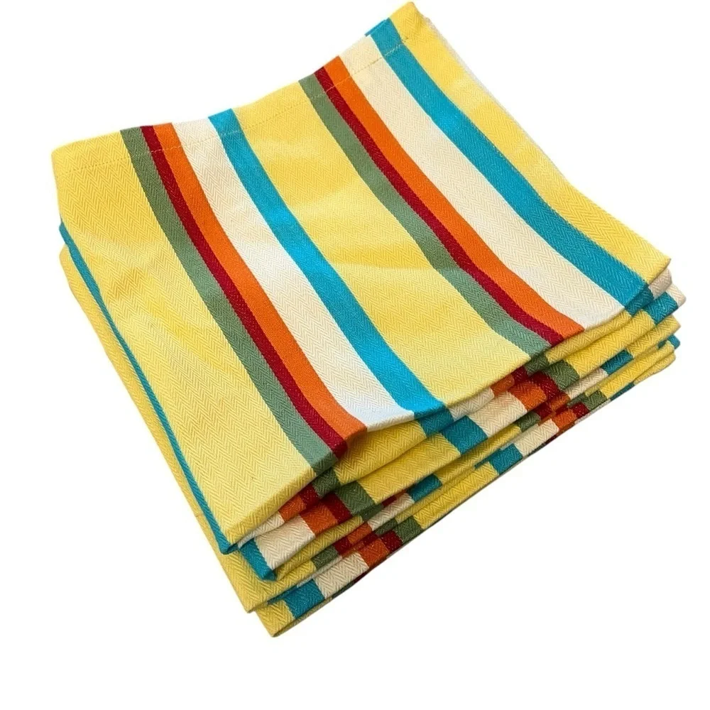 NEW TAG LTD Set of 4 Yellow/Turquoise Striped Cotton LARGE Placemats & Napkins